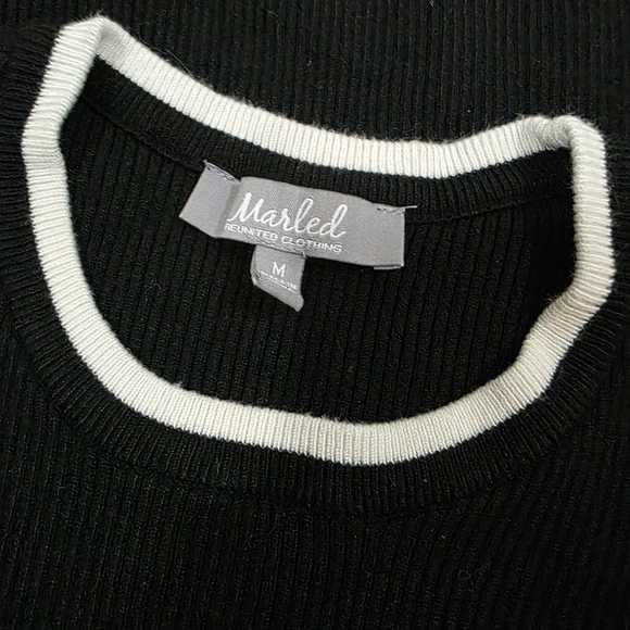 Marled black and white striped bell sleeves ribbed crewneck sweater - Picture 4 of 4